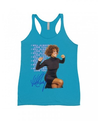 Whitney Houston Ladies' Tank Top | I Will Always Love You Blue Repeating Image Distressed Shirt $6.55 Shirts